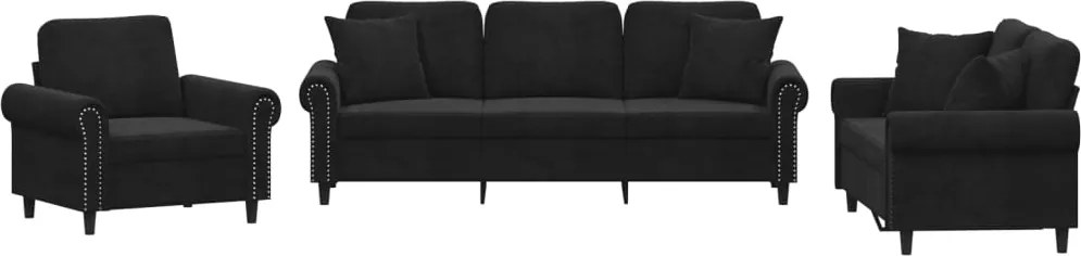 vidaXL Set de canapele cu perne, 3 piese, negru, catifea