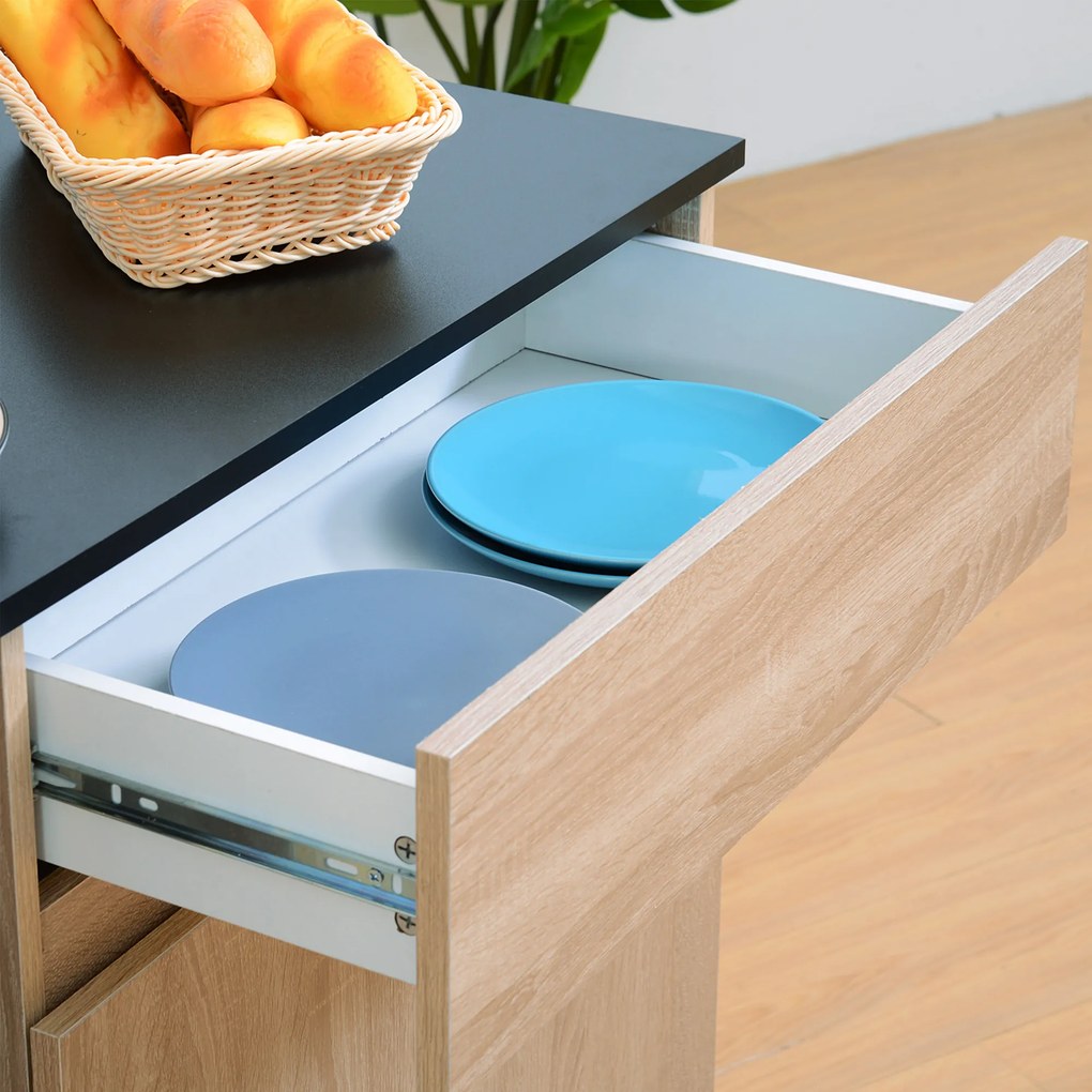 HOMCOM Dulapior de Bucătărie cu Sertare și Roți, Mobilier din Lemn, 78x39.5x88.5 cm, Stejar &amp; Negru | Aosom Romania