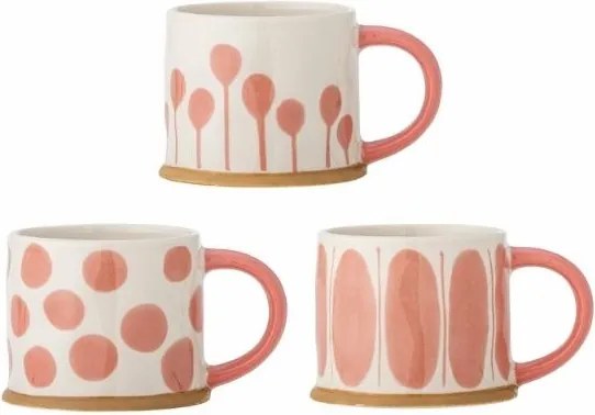 Set 3 căni natur din ceramică artizanală pictată manual cu motive geometrice în roz, 450 ml, 11×8,5 cm, "Linora"