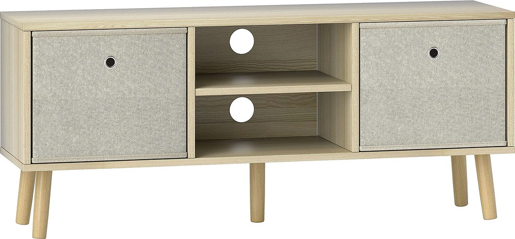 HOMCOM Comodă TV pentru TV de până la 50", cu 2 sertare detașabile și 2 rafturi deschise, 110x29x46,5 cm, aspect lemn și bej | Aosom Romania