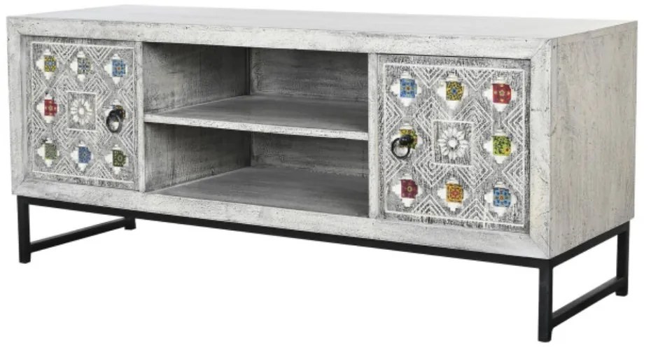 Comoda TV, gri, din ceramica si lemn de mango, Mistral