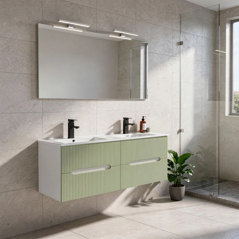 Trent 120 dulap de baie inferior cu chiuvetă ceramică (4 sertare) alb-verde deschis