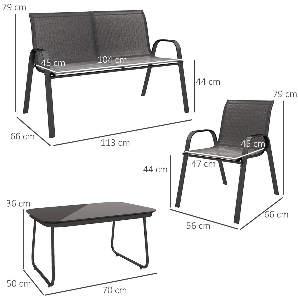 Outsunny Set Mobilier de Grădină din 4 Piese cu Canapea, 2 Scaune Stivuibile și Măsuță de Cafea, 113x66x79 cm, Negru | Aosom Romania