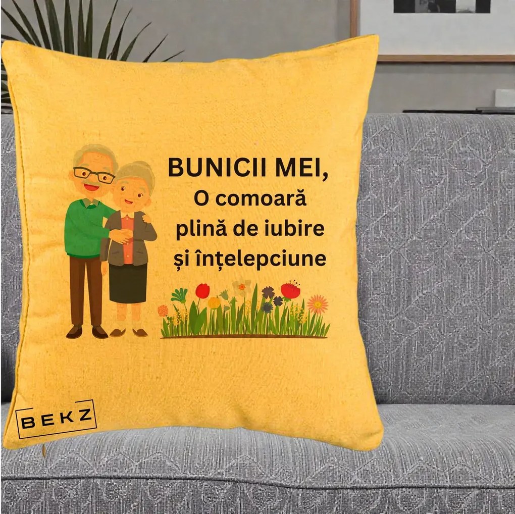 Cadou pentru Bunici - Perna Personalizata Bunicii Mei Comoara Cuplu Senior cu Flori Colorat, 40x40 cm, Galben, Husa Detasabila, Perna Inclusa, BEKZ®