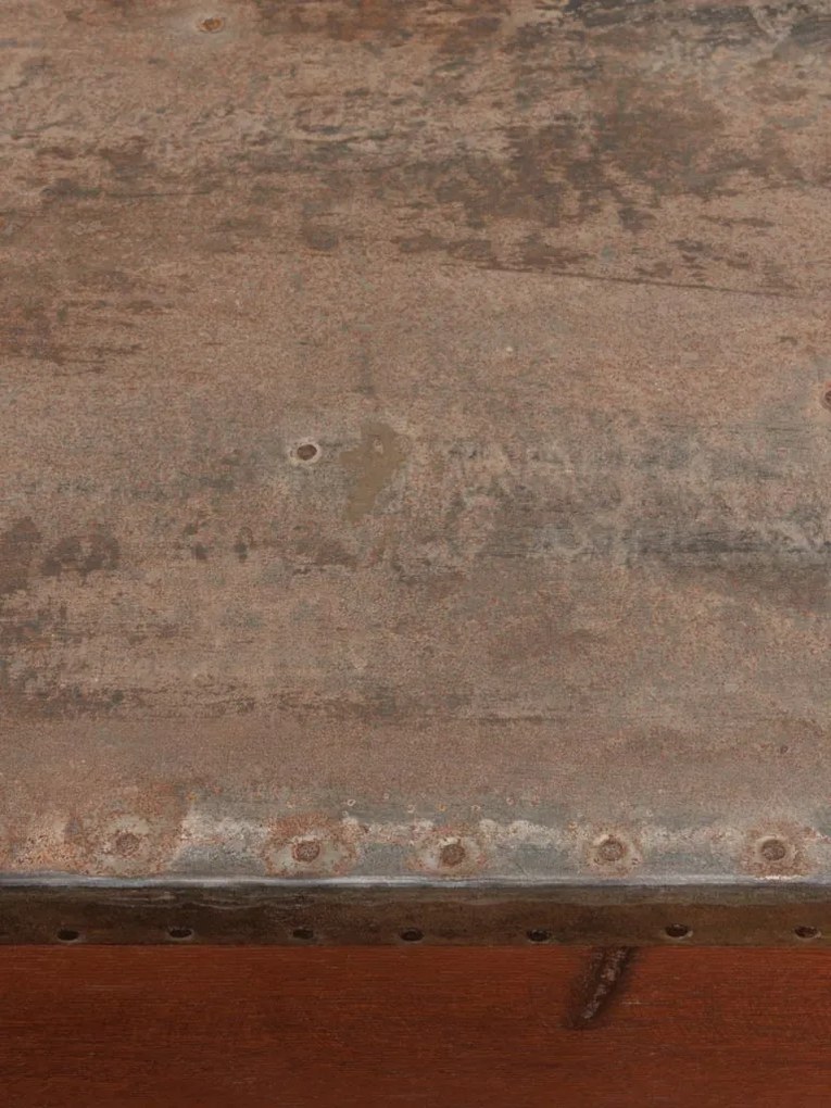 Consolă hol vintage din lemn reciclat, maro, cu blat din zinc, sertar și 2 rafturi, 93 x 122 x 46 cm, „Dara”