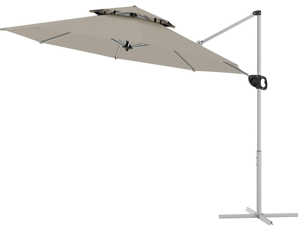 Outsunny Umbrelă suspendată 3 x 2,5 m cu manivelă, bază în formă de cruce, inclinabilă și rotativă la 360°, dublu acoperiș, gri | Aosom Romania