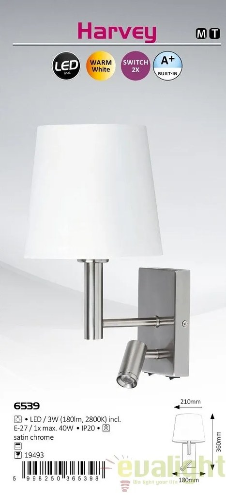 Aplica de perete moderna cu reader LED, finisaj crom, Harvey 6539 RX
