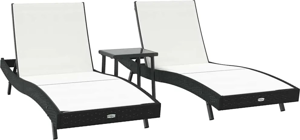 vidaXL Șezlong 3 pcs Negru și Alb 197 x 70 x 82 cm poliratan