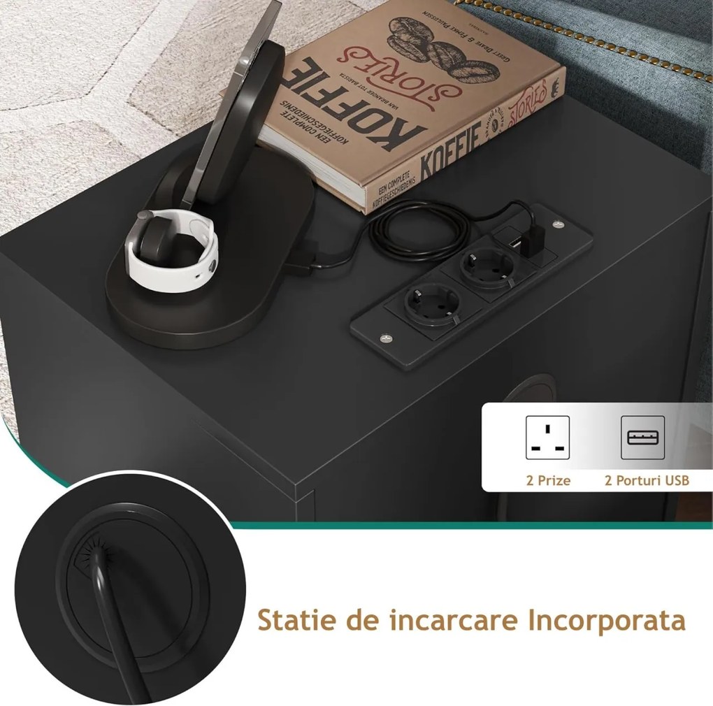NON17 - Set 2 Noptiere negre, 40 cm, cu 2 sertare, Priza si USB, dormitor - Negru - Auriu