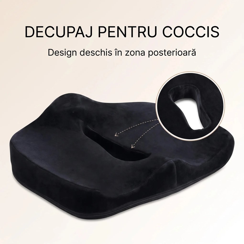 Perna ortopedica sezut memory foam cu ventilatie ORTO COCCIS Ventilation, husa catifea, fermitate normala