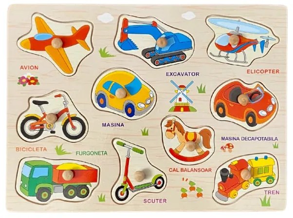 Puzzle incastru din lemn cu butoni in limba romana cu vehicule JC38