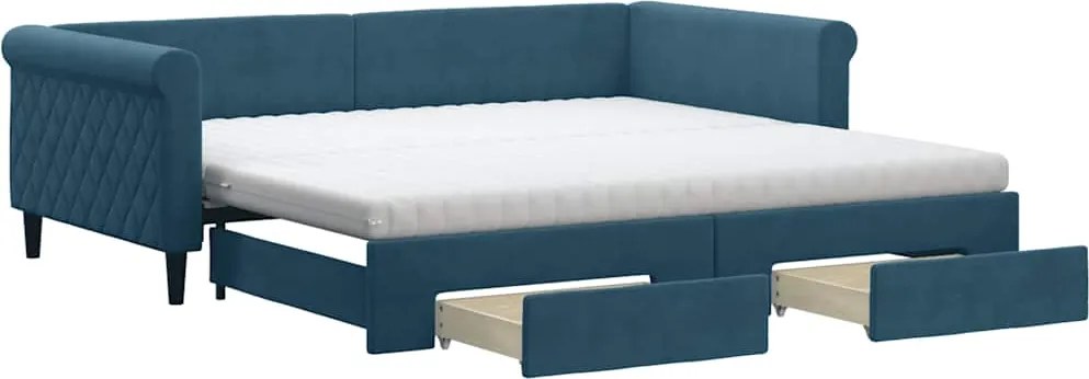 vidaXL Pat de zi cu extensie și sertare, albastru, 100x200 cm, catifea
