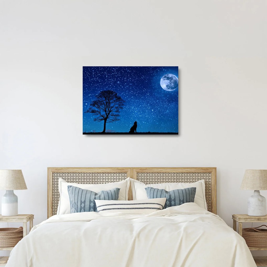 Tablou pe sticlă - Lupul urlând la lună (70x50 cm)