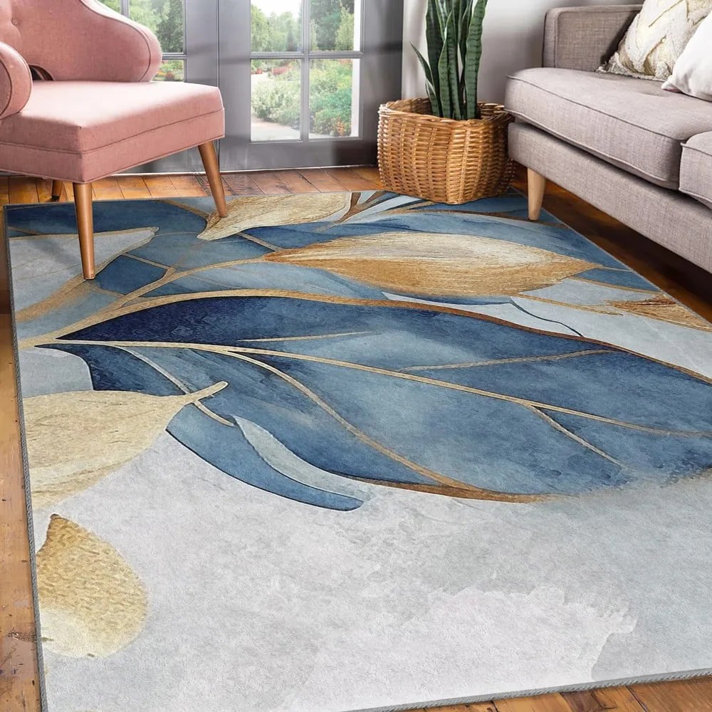 Covor albastru/auriu lavabil 120x180 cm Golden Leaves – Mila Home