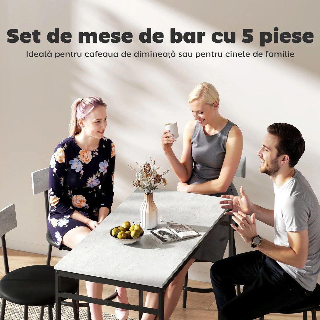 HOMCOM Set cu Masă Înaltă și 4 Scaune de Bar cu Spătar Stil Industrial Gri | Aosom Romania