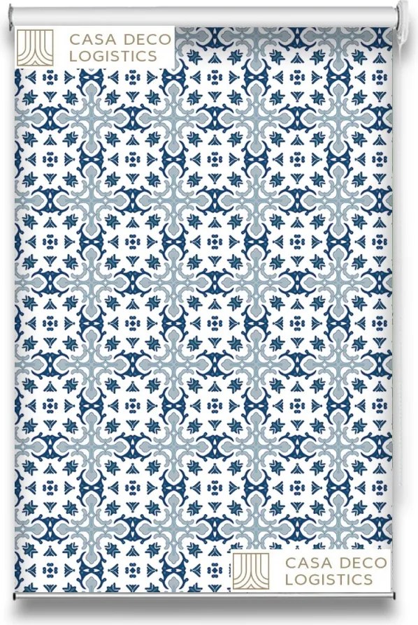 Roletă textilă Royal 5012 alb cu model ornamental albastru