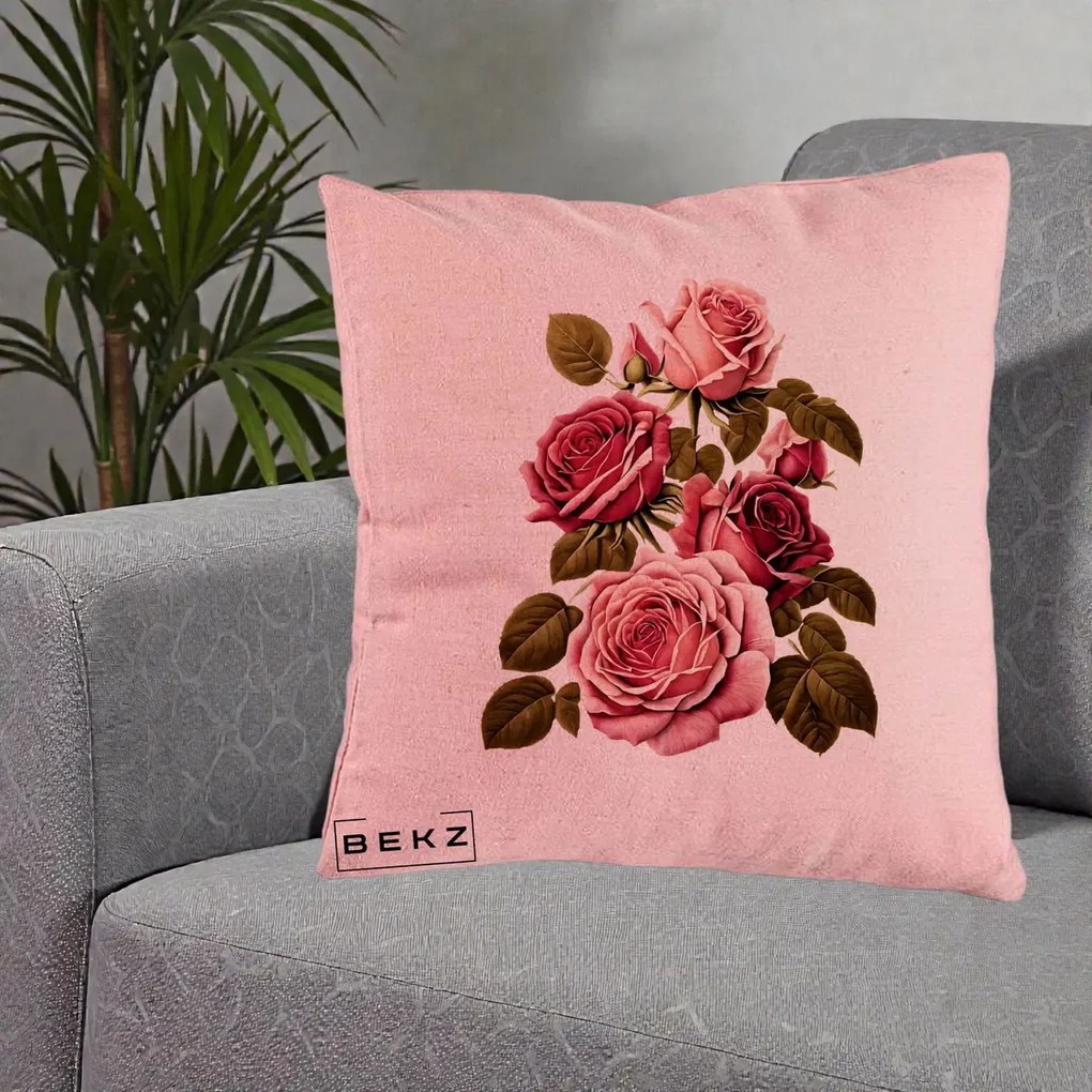 Perna Decorativa Trandafiri Vintage Roz-Rosii, 40x40 cm, Roz, Husa Detasabila, Perna Inclusa, BEKZ®