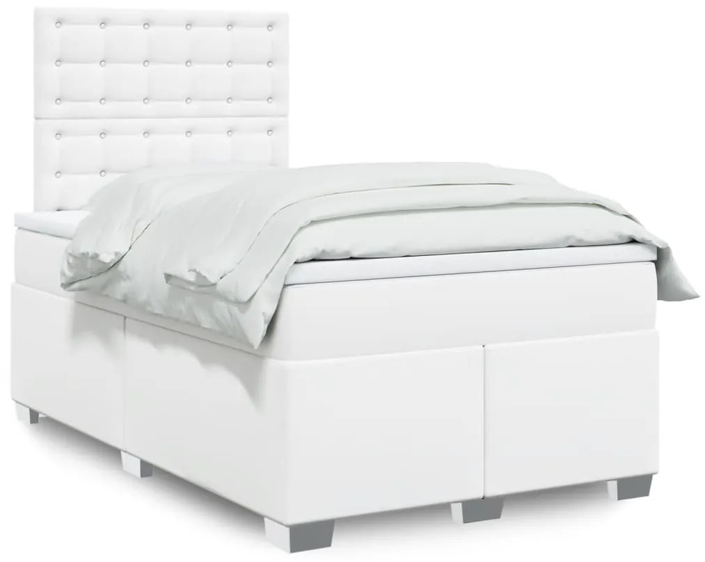 vidaXL Pat box spring cu saltea, alb, 120x200 cm, piele ecologică