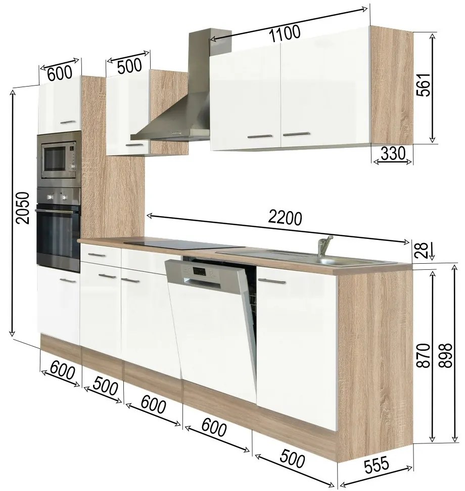 Mobilă de bucătărie Yorki 280 cu corp din stejar Sonoma și față alb satinat