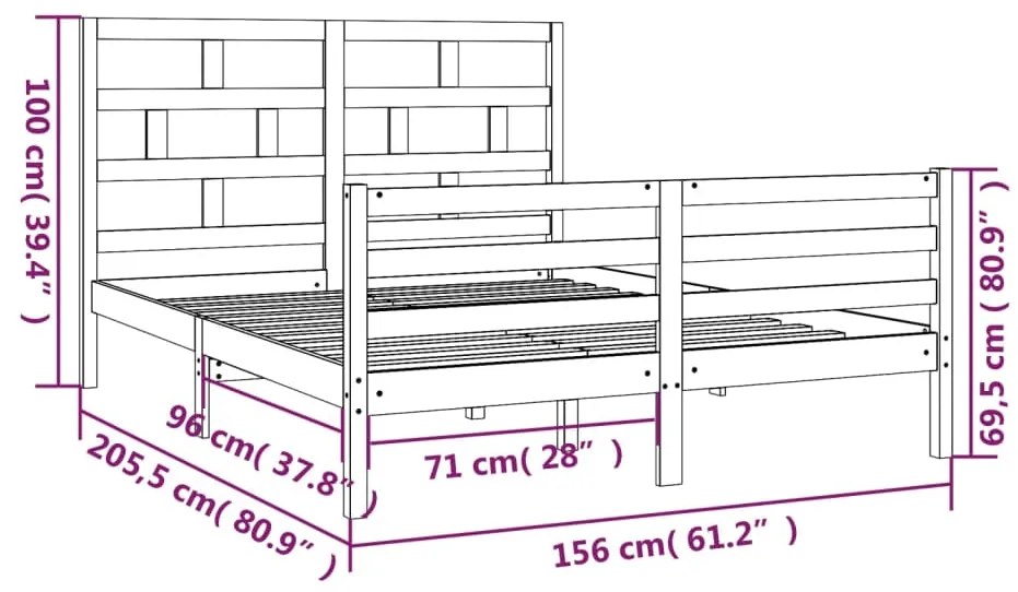 Cadru pat 5FT King Size, alb, 150x200 cm, lemn masiv Alb, 150 x 200 cm