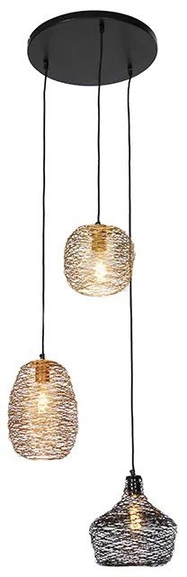 Lampă suspendată neagră aurie și cupru rotundă cu 3 lumini - Sarella