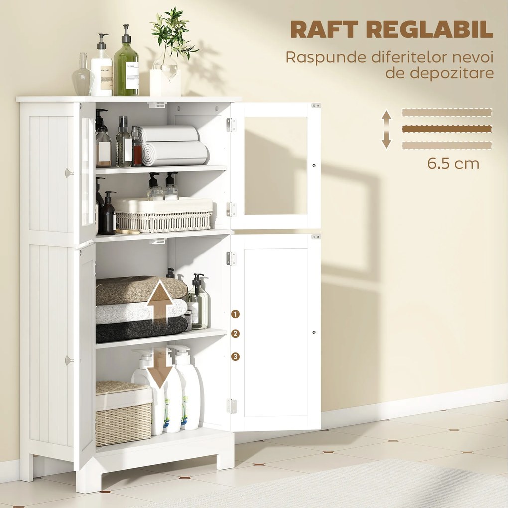 kleankin Mobile Bagno con 2 Armadietti e Ante in Vetro, Mobiletto Bagno Salvaspazio con Ripiano Regolabile, Armadietto da Terra per Sala da Pranzo, Salotto, Soggiorno, Cucina, 60x30x108.5 cm, Bianco | Aosom Romania