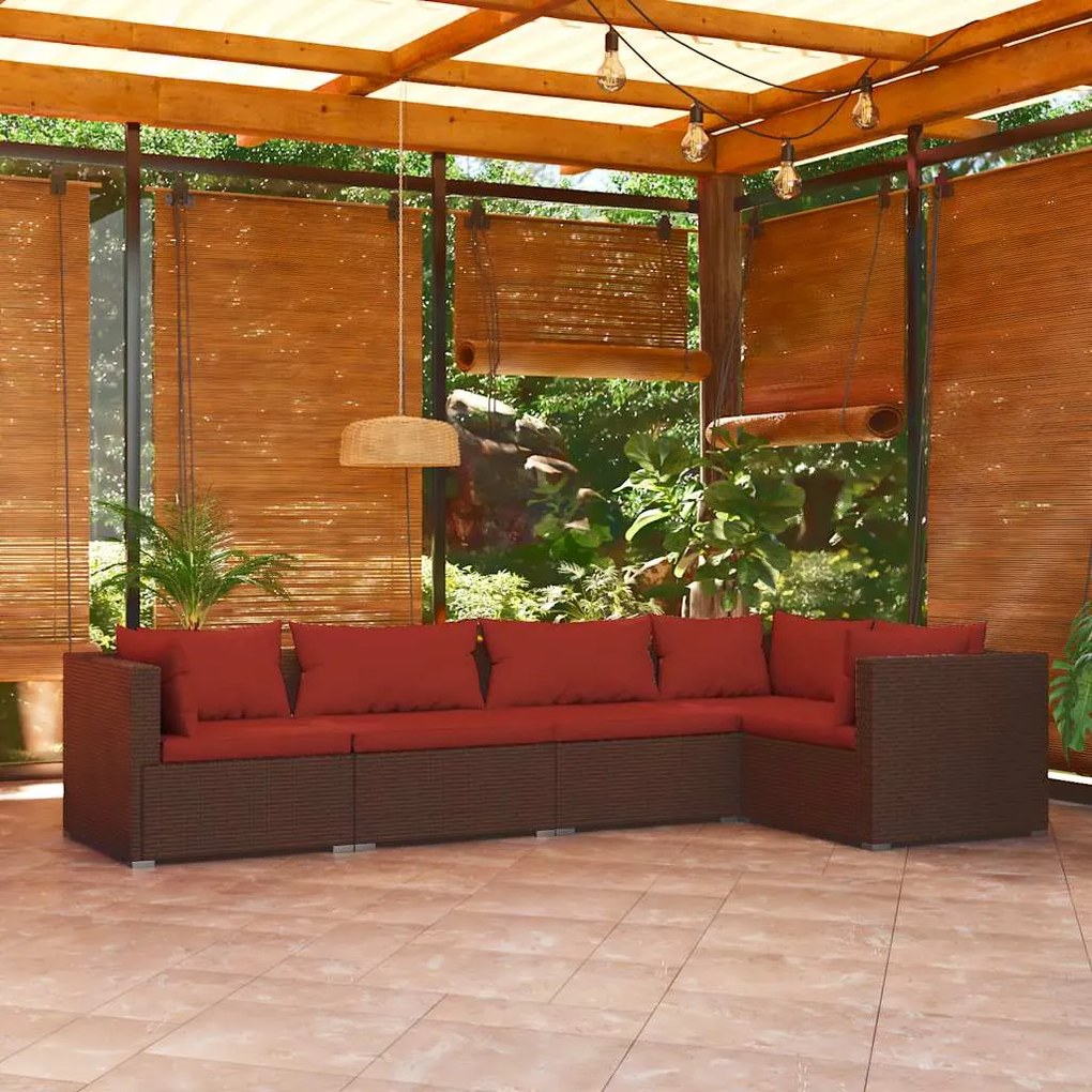 vidaXL Set mobilier de grădină cu perne, 5 piese, maro, poliratan