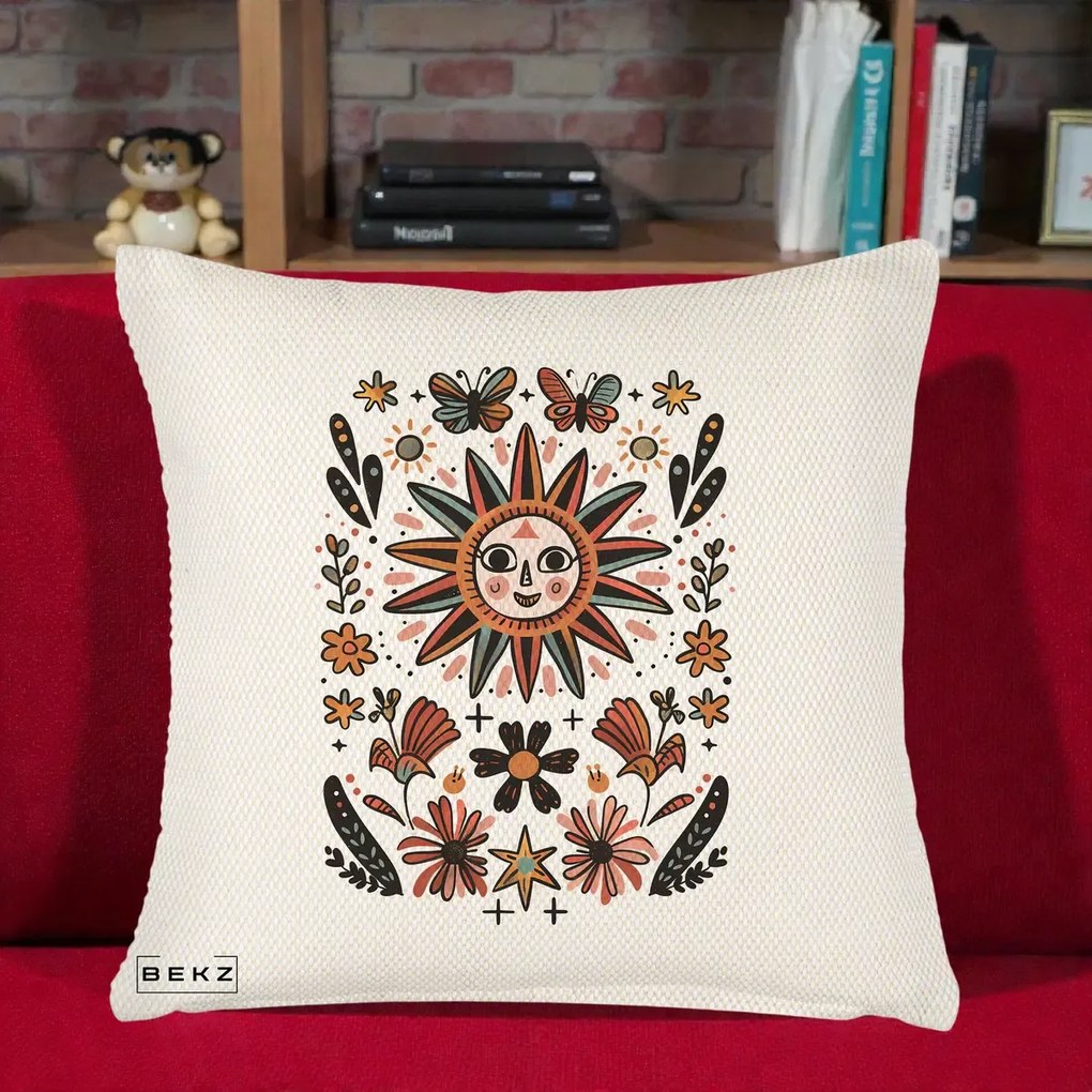 Perna Decorativa Soare Boho Folk Fluturi, 40x40 cm, Crem Reliefat, Husa Detasabila, Perna Inclusa, BEKZ®