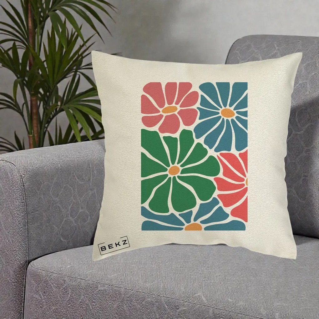 Perna Decorativa Flori Grafice Verde-Roz-Albastru, 40x40 cm, Ecru, Husa Detasabila, Perna Inclusa, BEKZ®