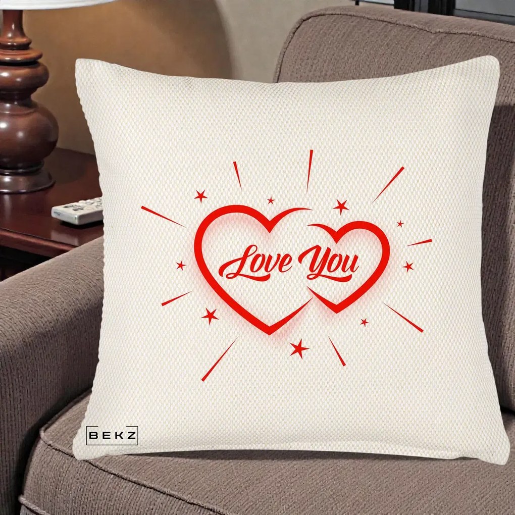 Cadou Romantic - Perna Personalizata Love You Doua Inimi, 40x40 cm, Crem Reliefat, Husa Detasabila, Perna Inclusa, BEKZ®
