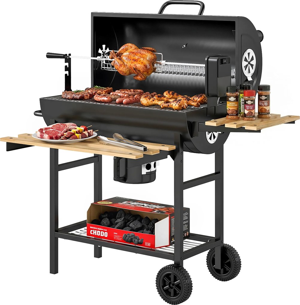 Outsunny Grătar pe Cărbuni Portabil Grătar pe Cărbuni Tip Butoi cu Rotisor Electric Rafturi Pliabile Roți Termometru | Aosom Romania