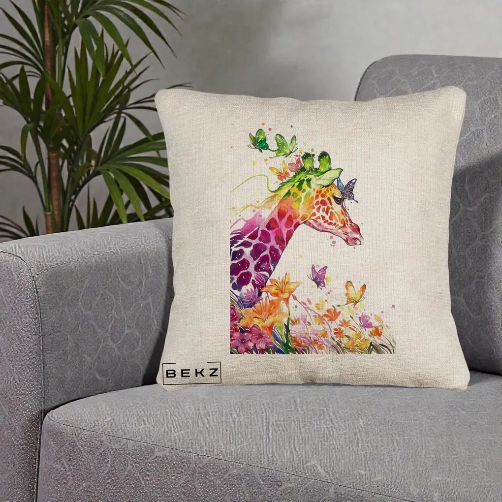 Perna Decorativa Girafa Curcubeu Acuarela, 40x40 cm, Bej Canapea, Husa Detasabila, Perna Inclusa, BEKZ®