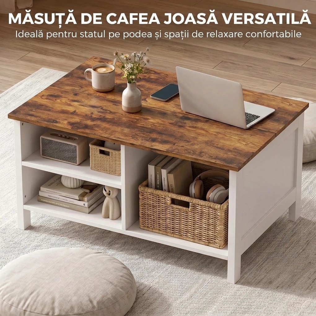 HOMCOM Cufăr de Depozitare 80x60x40 cm, cu Capac Rabatabil, Rafturi Deschise și Compartiment Ascuns, Maro Rustic | Aosom Romania