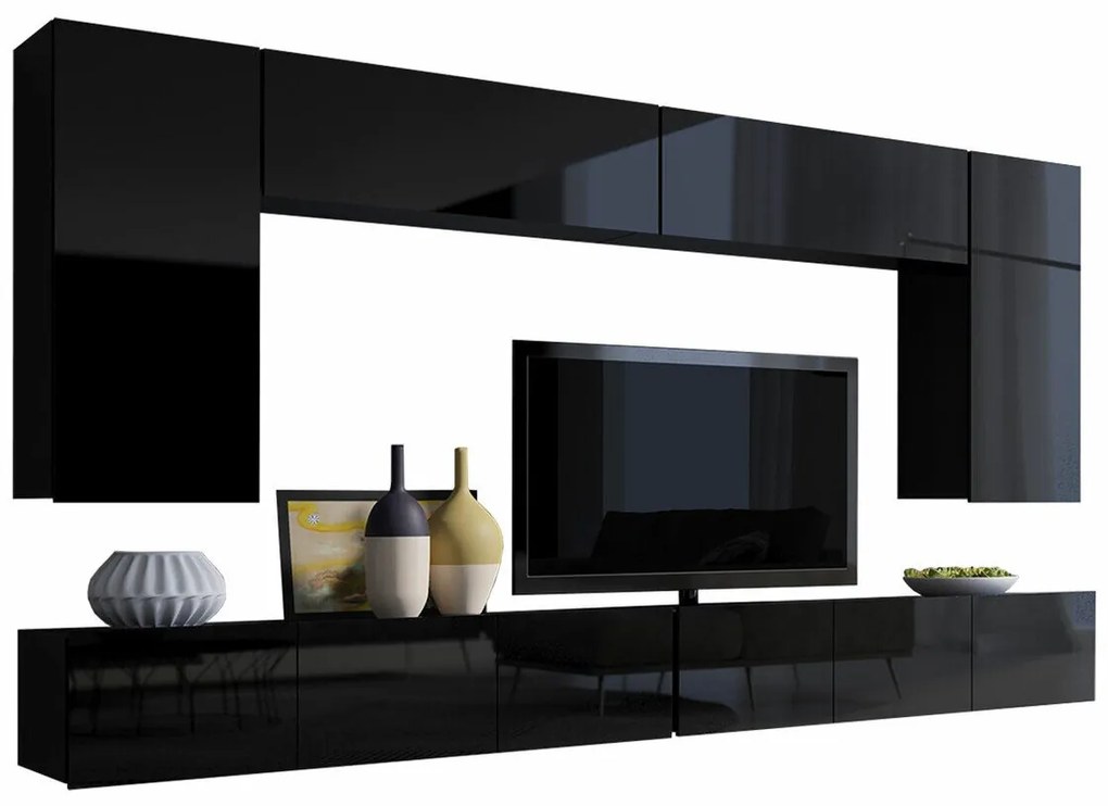 Camera de zi Providence B133Negru lucios, Negru, Cu componente suplimentare, Părți separate, Cu comodă tv, PAL laminat, 300x43cm, 116 kg
