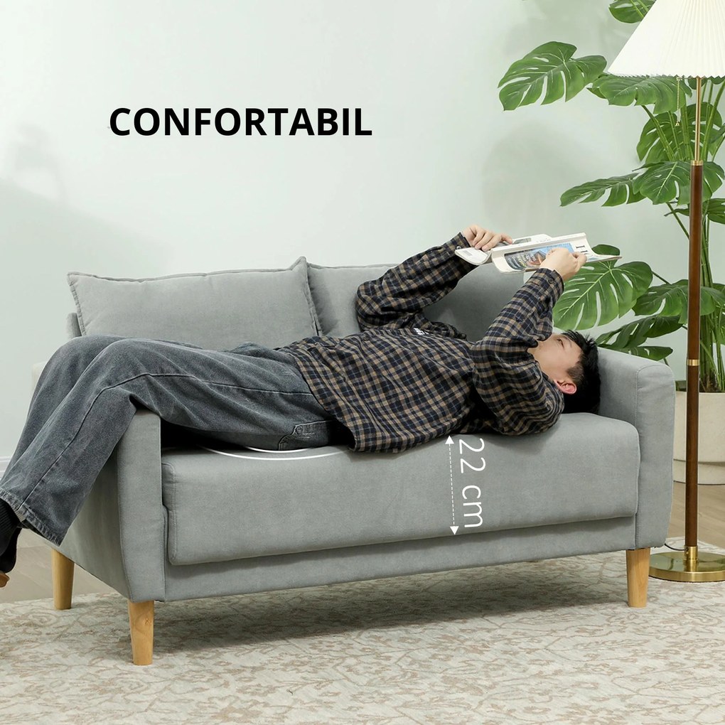 HOMCOM Canapea cu 2 Locuri, Brațe, Compartiment de Depozitare și 2 Perne, 140x72x82 cm, Gri | Aosom Romania
