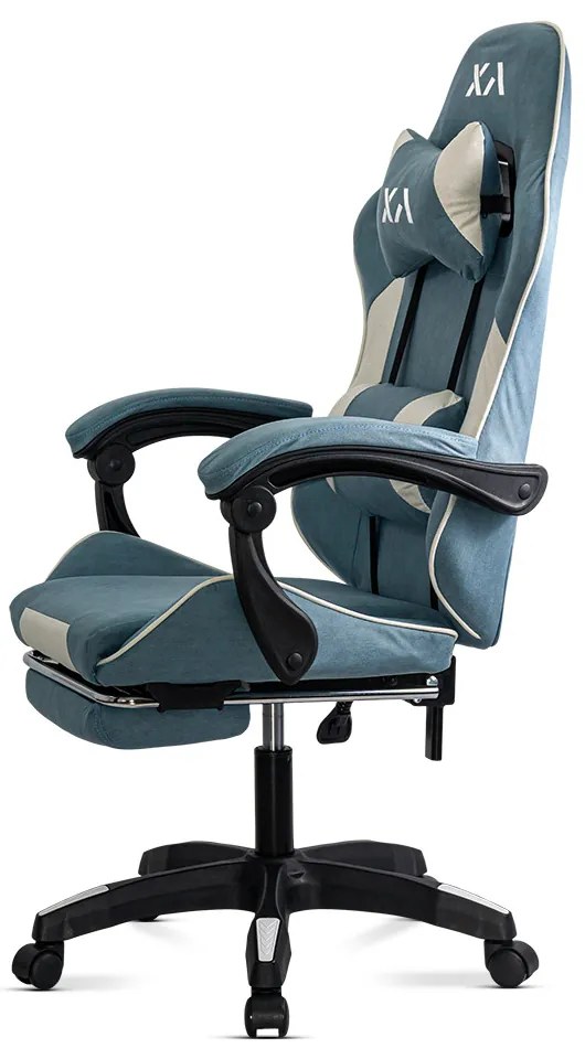 Scaun de gaming bleu din stofa cu suport de picioare OFF 295