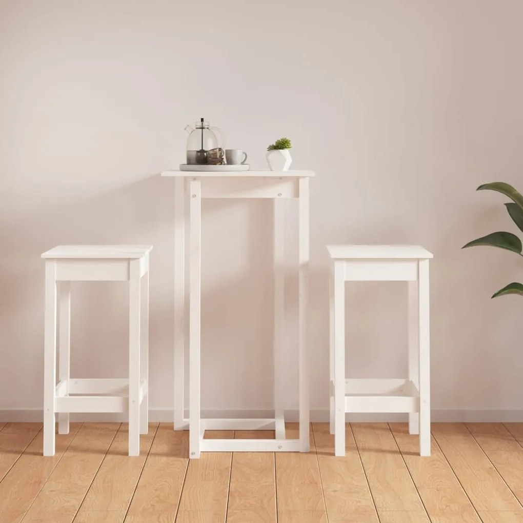 3124728 vidaXL Set mobilier de bar, 3 piese, alb, lemn masiv de pin