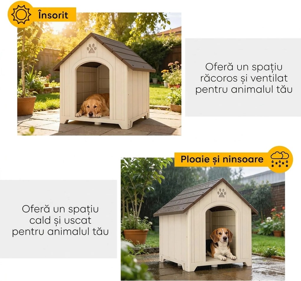 PawHut Căsuță pentru câini de talie medie și mare, ridicată, cu acoperiș înclinat, guri de aerisire și cuie, căsuță din PP, 88x78x89 cm, Bej și Maro Închis | Aosom Romania
