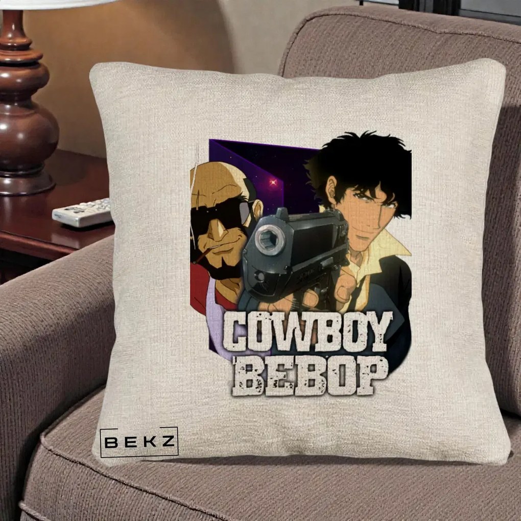 Perna Personalizata Cowboy Bebop Spike si Jet Poster, 40x40 cm, Bej Canapea, Husa Detasabila, Perna Inclusa, BEKZ®