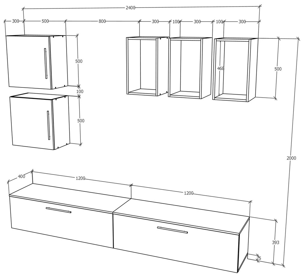 Living haaus Haga V8, Alb Lucios/Negru, MDF, L 240 cm