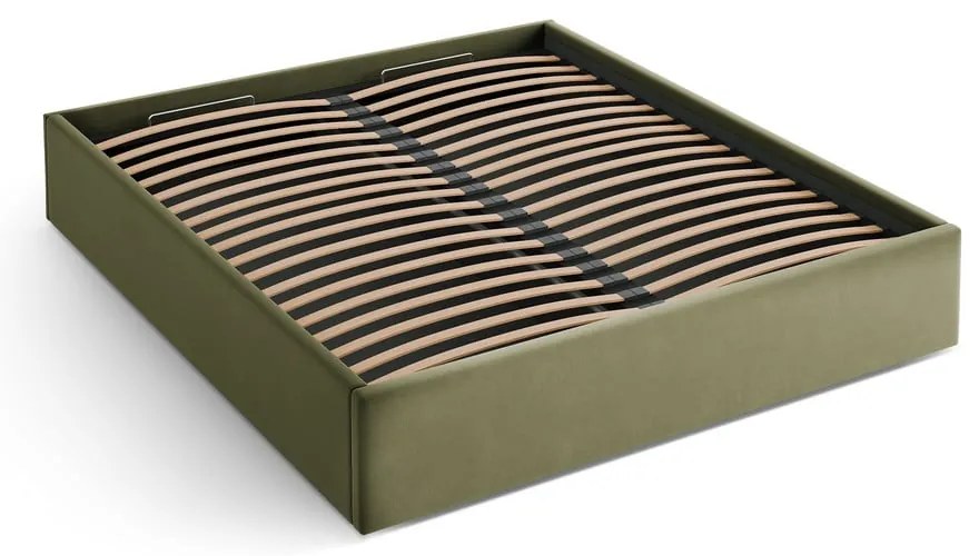 Pat matrimonial verde tapițat cu spațiu de depozitare/fără tăblie cu somieră 200x200 cm Susan – Micadoni