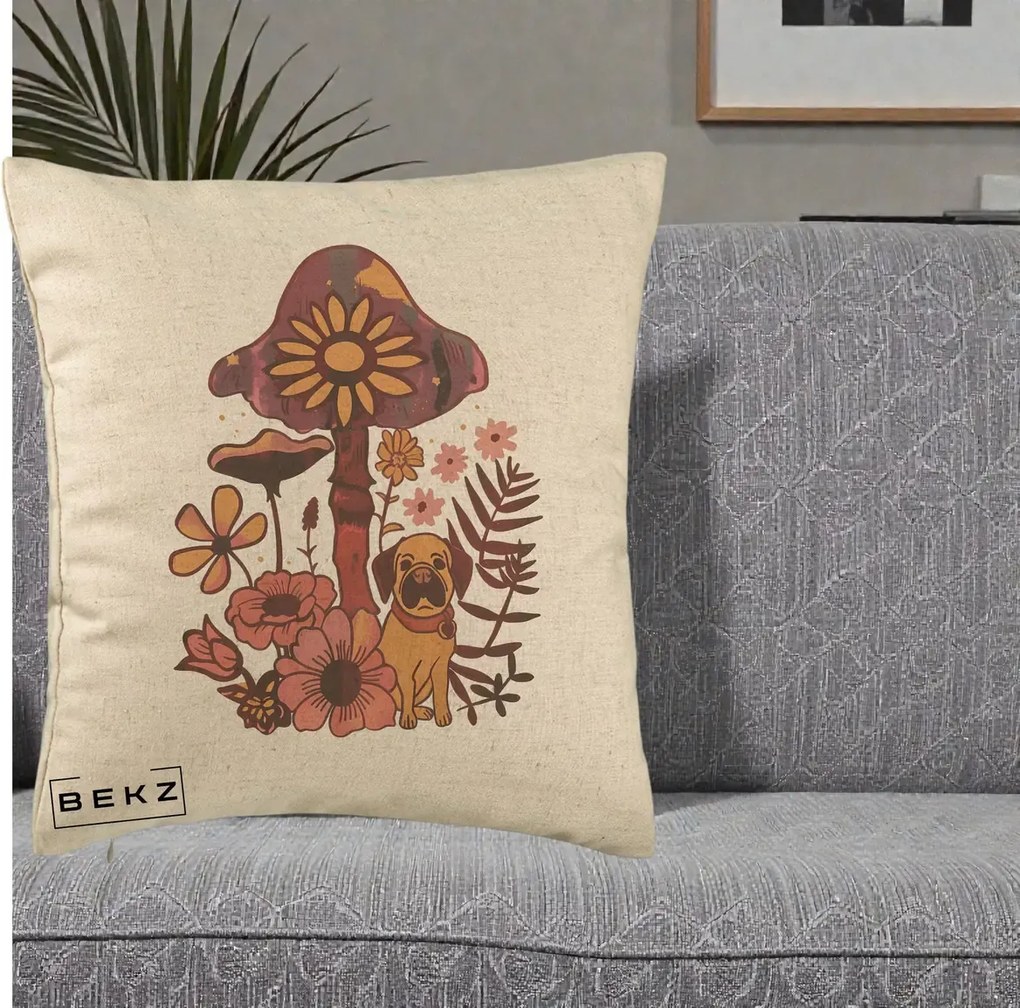 Perna Decorativa Ciuperca Caine Boho, 40x40 cm, Bej, Husa Detasabila, Perna Inclusa, BEKZ®