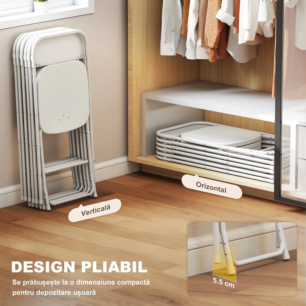 HOMCOM Set de 6 Scaune Pliabile din PP cu Orificii de Drenaj, Scaune Pliabile Salva-Spațiu Portabile din Oțel, Scaun Pliabil de Interior pentru Casă, Birou, Bucătărie, Evenimente, 45x49x79,5 cm, Alb | Aosom Romania