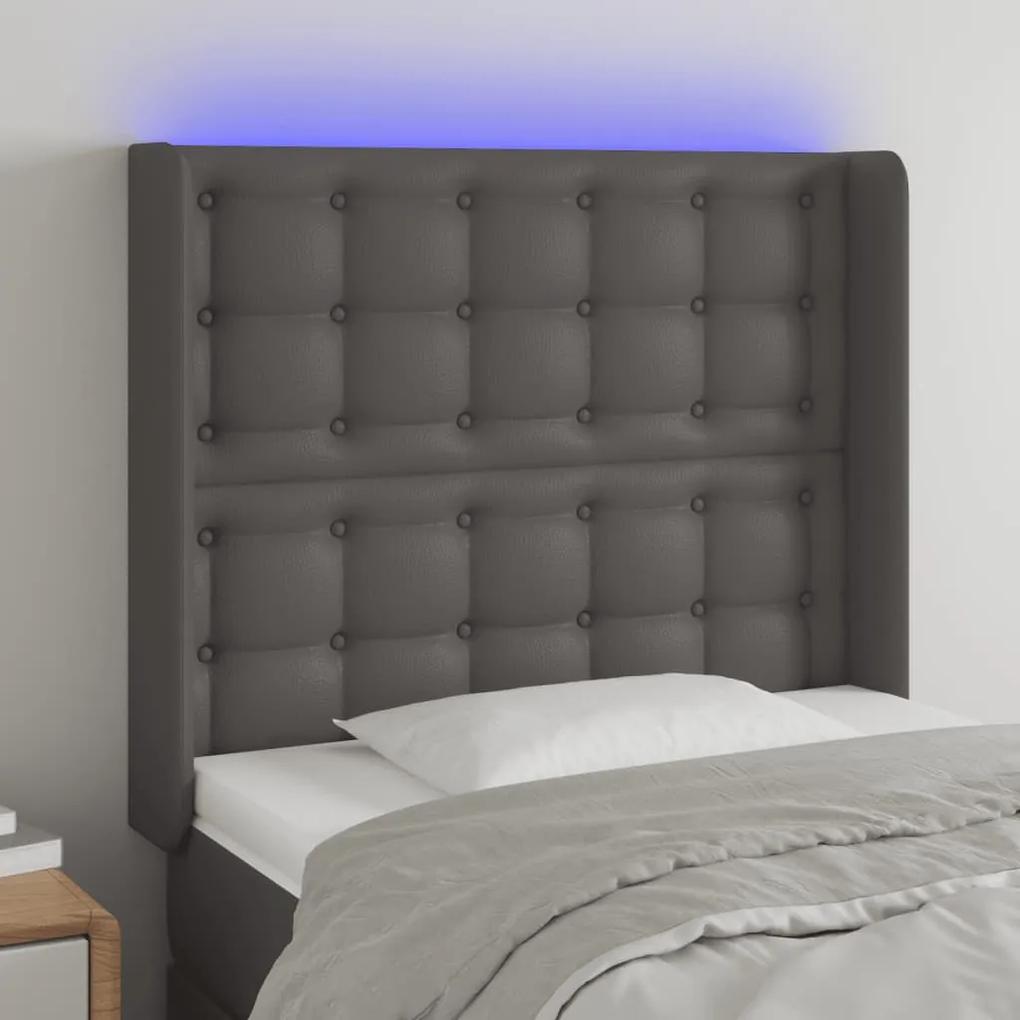 3124130 vidaXL Tăblie de pat cu LED, gri , 93x16x118/128 cm, piele ecologică