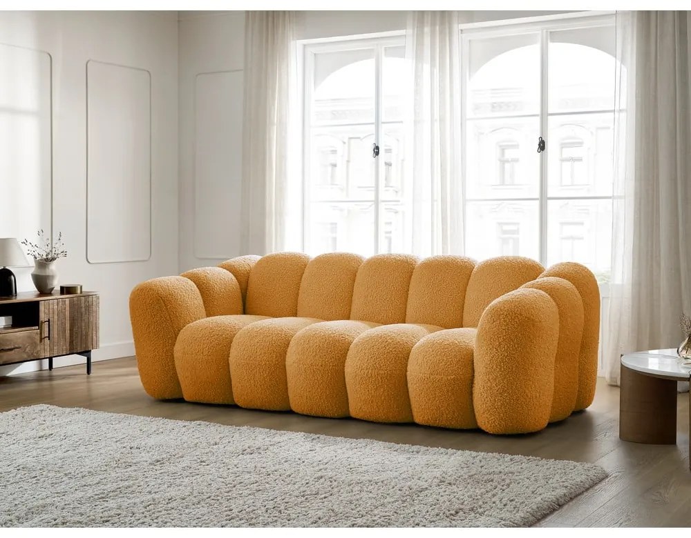 Canapea galben-muștar cu tapițerie din țesătură bouclé 232 cm Hippolyte – Bobochic Paris