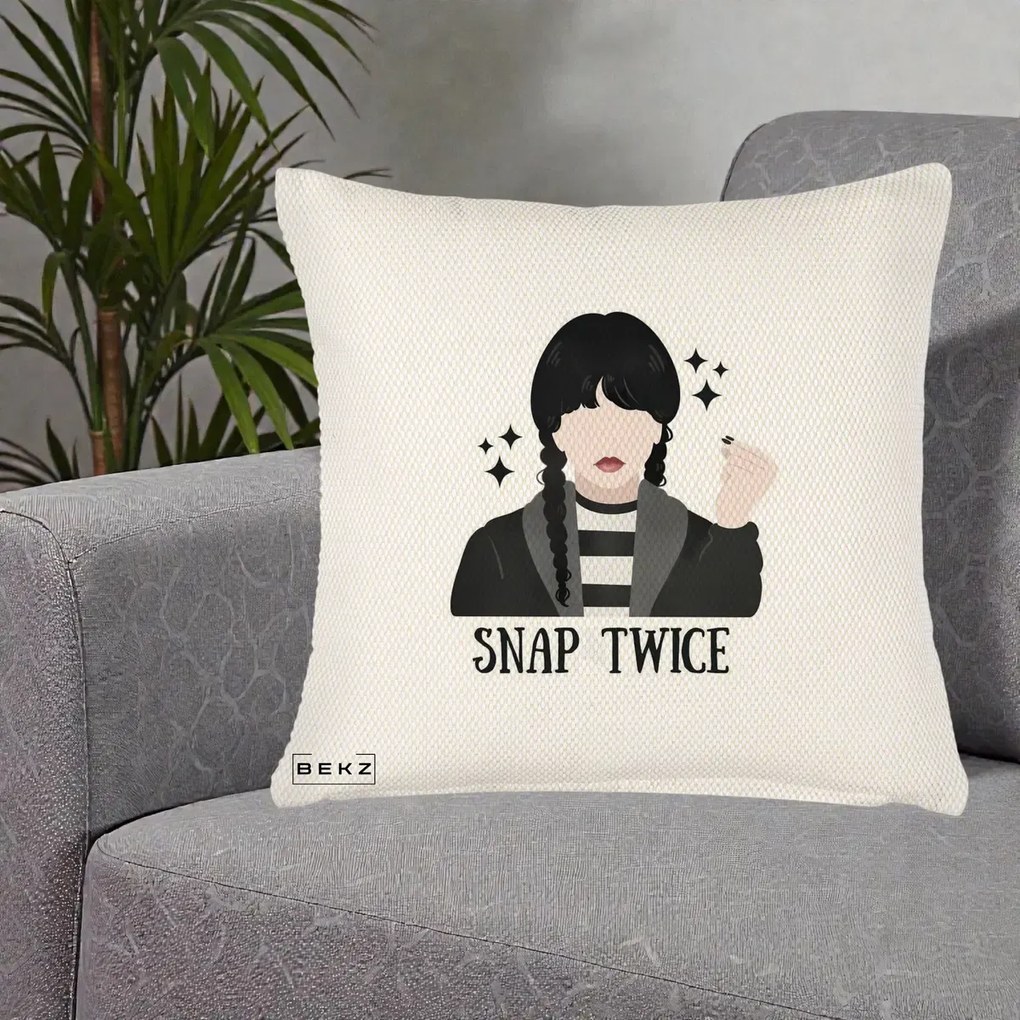 Perna Personalizata Wednesday Snap Twice, 40x40 cm, Crem Reliefat, Husa Detasabila, Perna Inclusa, BEKZ®