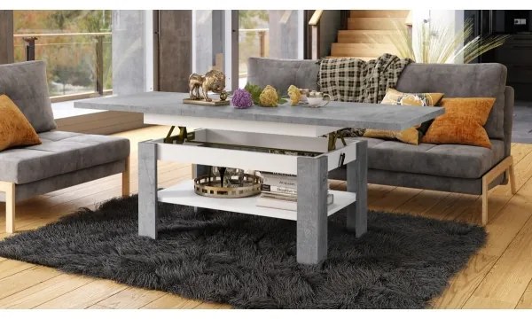 Masă extensibilă pentru living și dining ROY, cu blat rabatabil, gri beton/alb