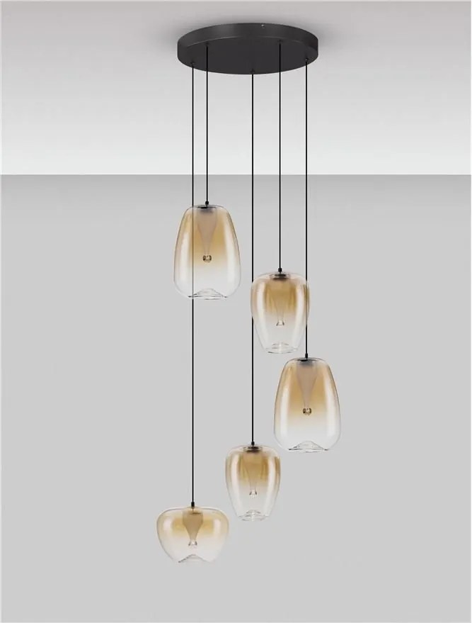 Lustra moderna cu 5 pendule LED, Metal, Sticla, Chihlimbar, OBLO