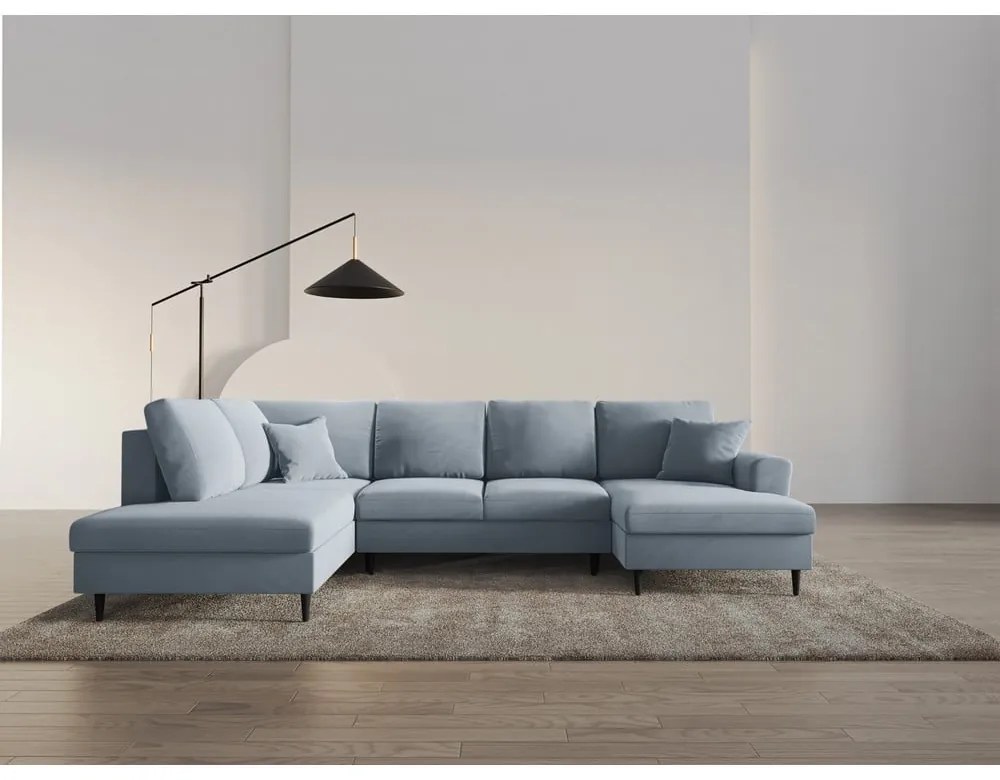 Colțar albastru deschis extensibil, cu spațiu de depozitare cu tapițerie din catifea (cu colț pe partea stângă-în formă de "U") Kyoto – Cosmopolitan Design