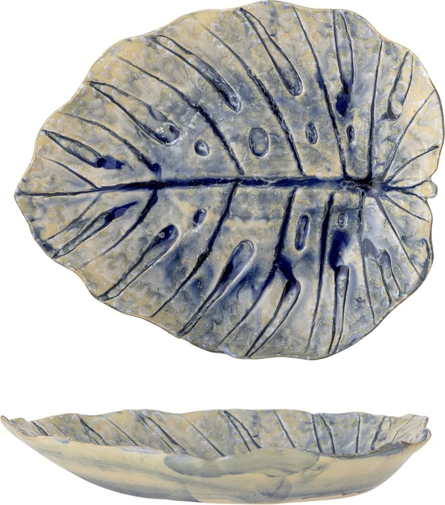 Platou de servire din ceramică, în formă de frunză, natur cu detalii albastre în relief, „Rowan", 32,5 x 26,5 x 4,5 cm